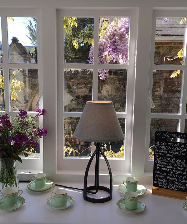 Andrew's pretty Guernsey tea shop featuring a Mitre lamp