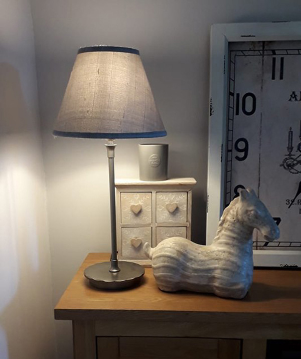 Jo chose a silver silk lampshade for her Hepworth lamp