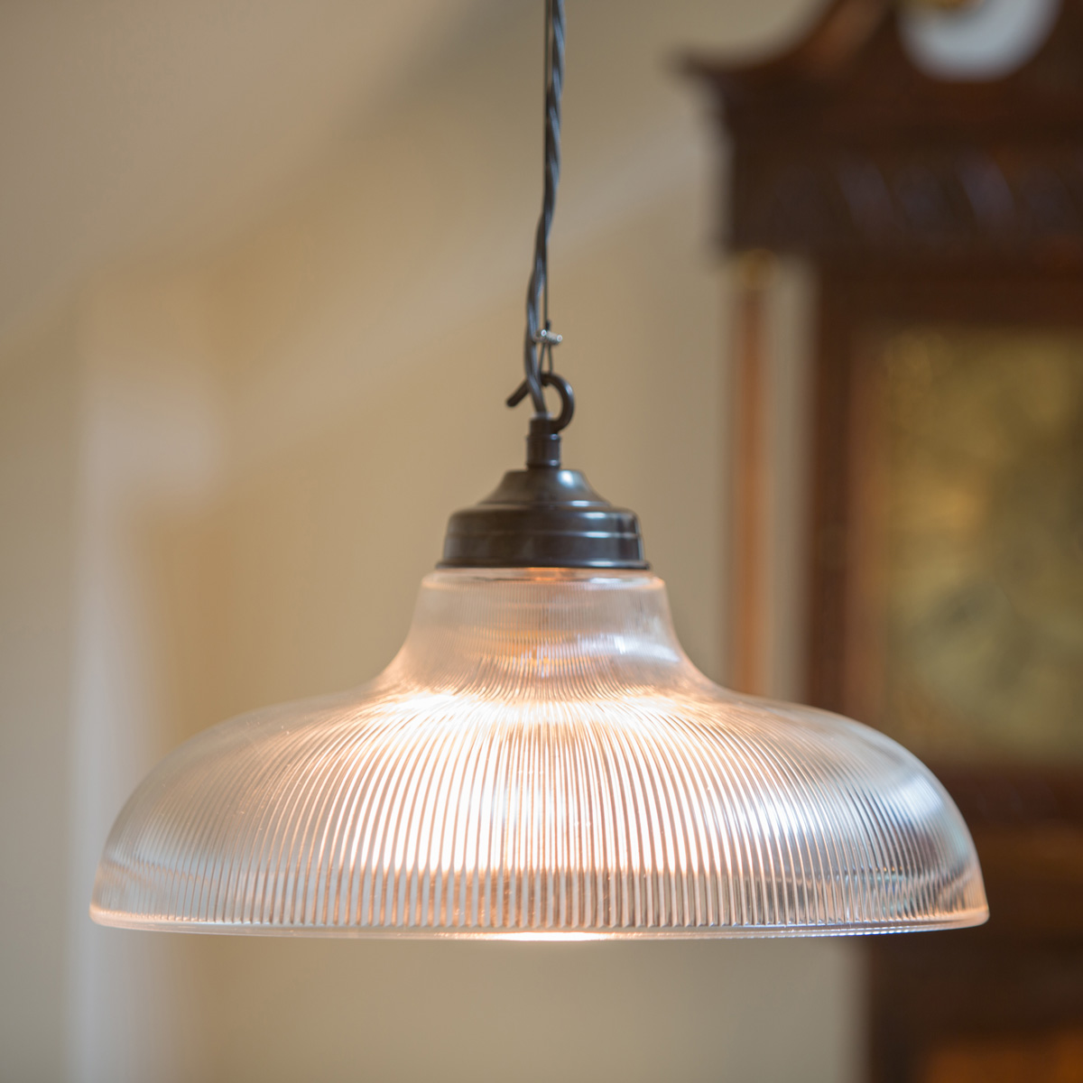 Holmfirth Pendant Light With Prismatic Railroad Cord Holmfirth Pendant Light With Prismatic Railroad Shade Antique Bronze Fittings Silver Braided Cable And